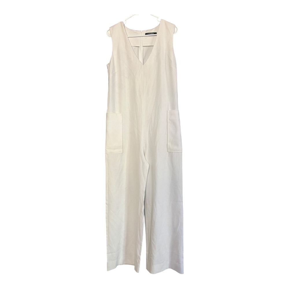 Caara Harbor Ivory Sleeveless V‑Neck Wide Leg Jumpsuit Small Pockets Zip Back